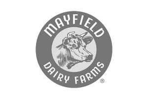 A gray and white logo of mayfield dairy farms.