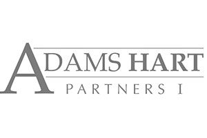 A gray and white logo of adams hall partners.