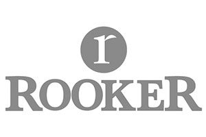 A gray and white logo of the word " rooker ".