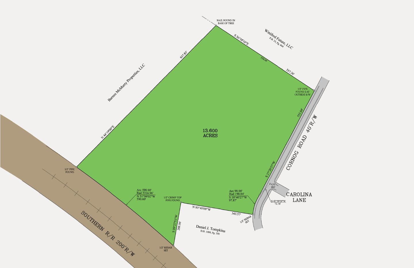 A map of the area with green fields and brown street.