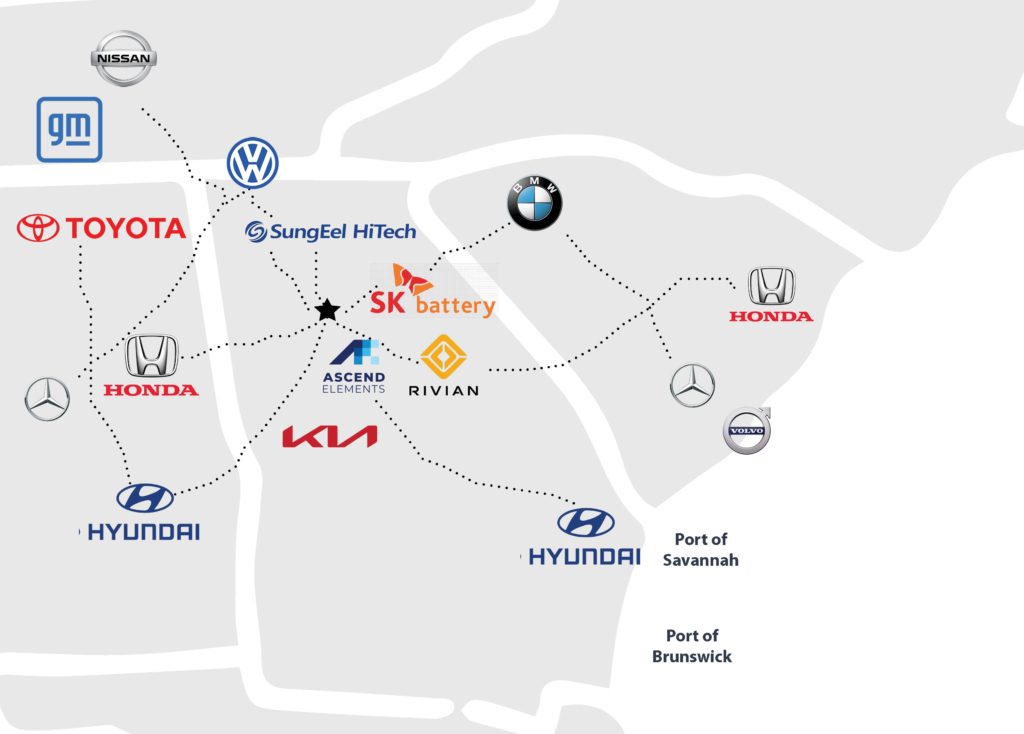 A map of the locations of various car brands.